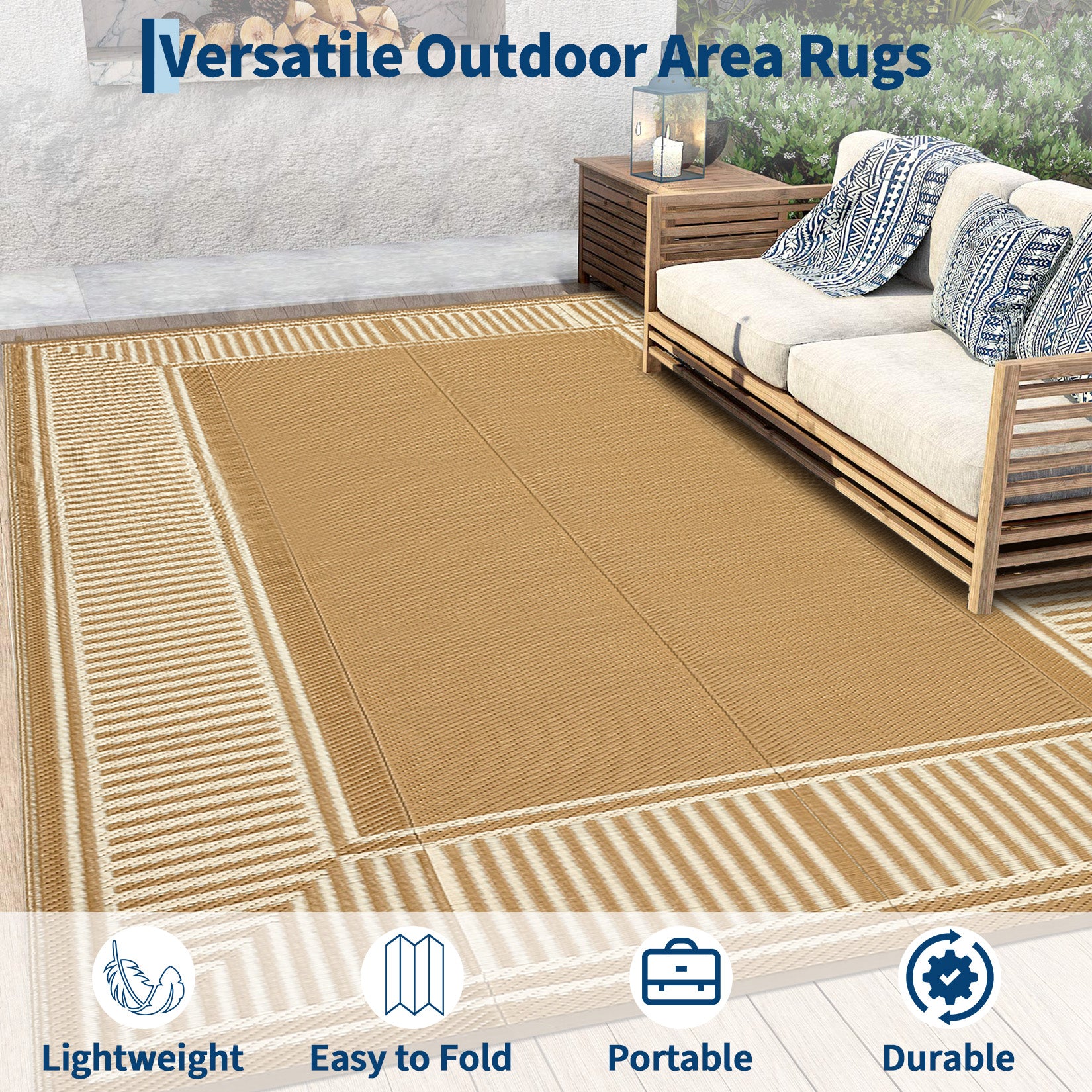 Garvee Brown Coffee Outdoor Area Rug 10x14ft – Modern Striped Bordered Plastic Mat, Waterproof, UV Resistant, Easy Clean, Durable Washable Carpet for Garden, Backyard, Patio, Camping