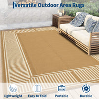 Garvee Brown Coffee Outdoor Area Rug 10x14ft – Modern Striped Bordered Plastic Mat, Waterproof, UV Resistant, Easy Clean, Durable Washable Carpet for Garden, Backyard, Patio, Camping