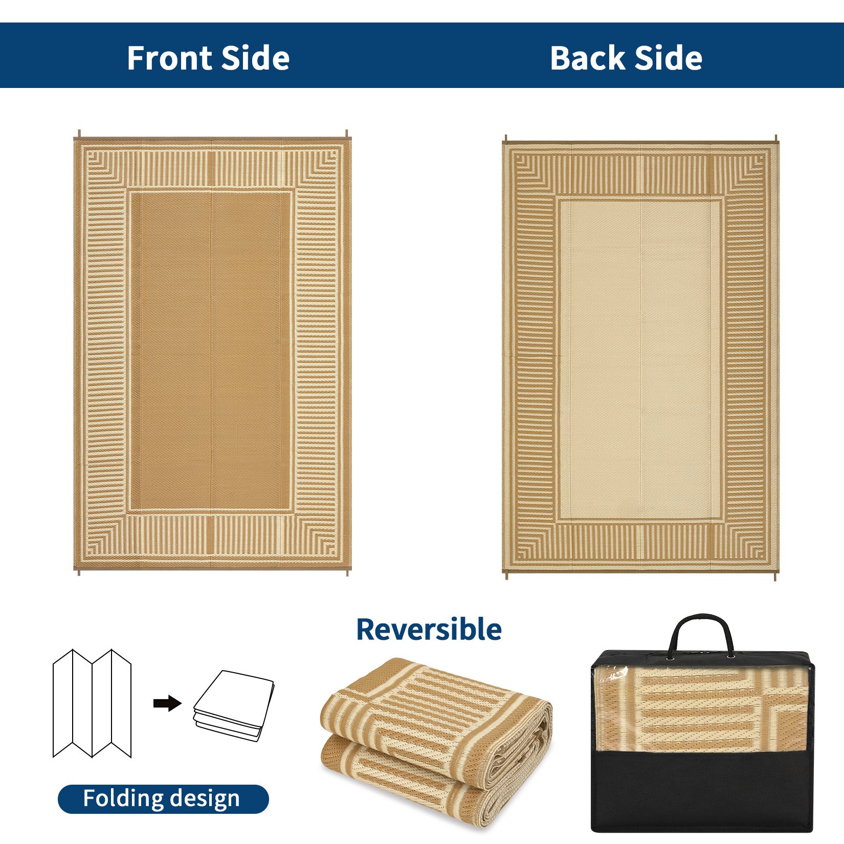 Garvee Waterproof Outdoor Area Rug - 10x20 Brown Coffee Plastic Straw Mat - UV Resistant, Non-Slip, Collapsible, Easy to Clean - Striped Edge, Sturdy Color for Patio, Garden, Deck, Camping