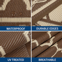Garvee Outdoor Rug 10x14 Waterproof Reversible Patio Rug Non Slip Foldable Plastic Straw Carpet Brown Trellis for Deck Porch RV Camping, Peony Brown
