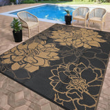 Garvee Outdoor Patio Rug 8x10 Waterproof Reversible Floral Design Plastic Straw Rug with Stakes Portable Bag for Camping Balcony Deck - Black & Brown