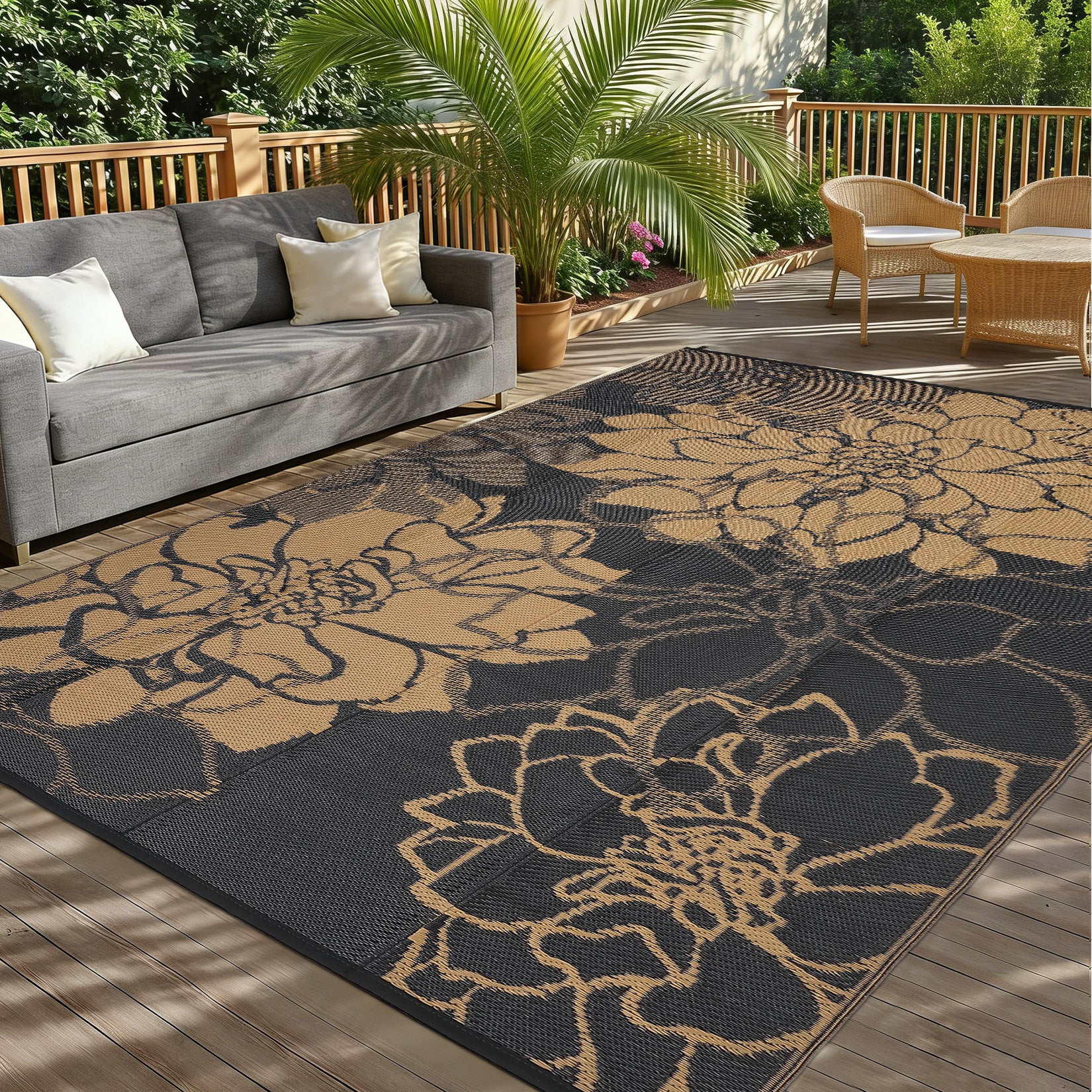 Garvee Outdoor Plastic Straw Rug 9x12 Waterproof Reversible Floral Botanical Polypropylene Non-Slip Lightweight Foldable with Carry Bag for Patio RV Camping