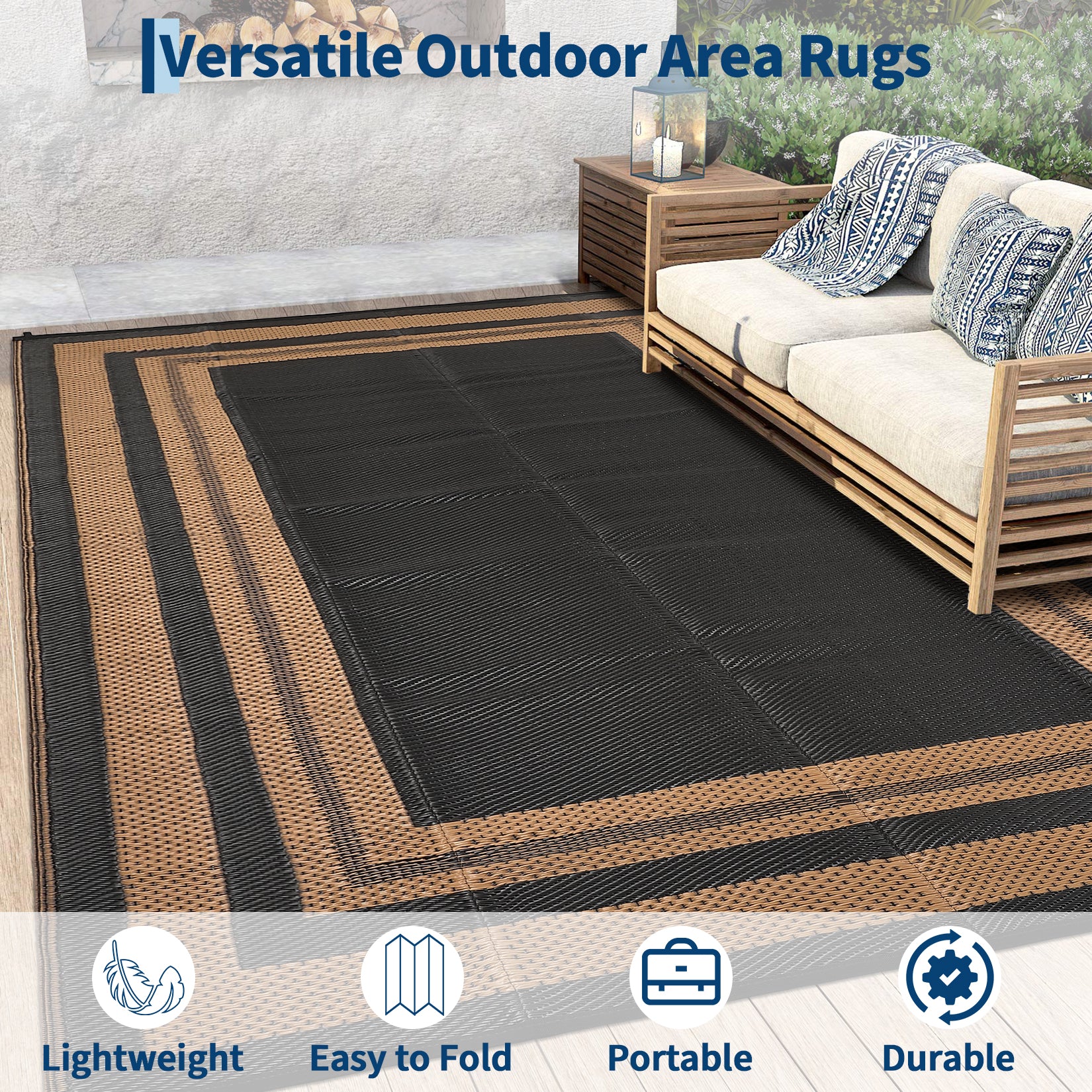 Garvee Outdoor Rug 9x18 ft Waterproof Reversible Plastic Straw Mat for Patio Camping RV Porch Balcony Black/Brown
