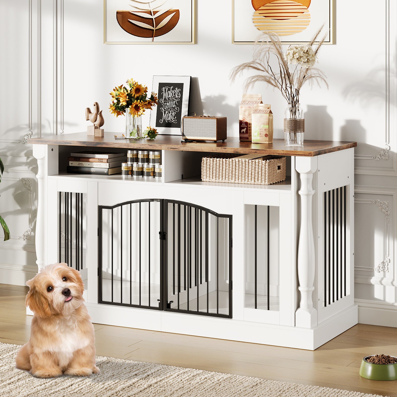 Garvee Roman Column 63 Inch Large Dog Crate Furniture for 2 Dogs with Open Storage, Heavy Duty Dog Kennel Entertainment Table TV Stand for Small and Medium Dogs