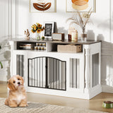 Garvee Roman Column 63 Inch Large Dog Crate Furniture for 2 Dogs with Open Storage, Heavy Duty Dog Kennel Entertainment Table TV Stand for Small and Medium Dogs, Dark Walnut Top - White+Dark Walnut Table Top
