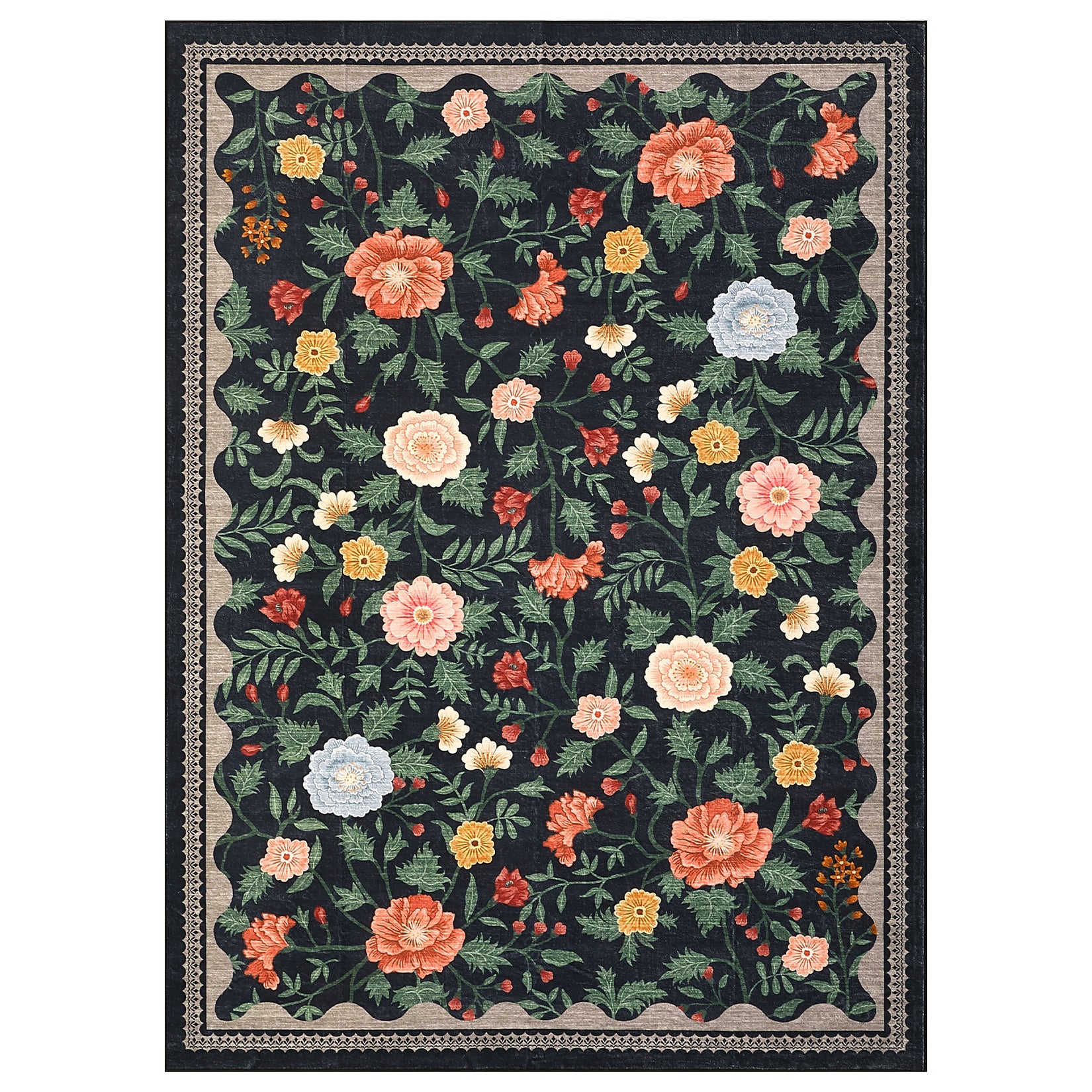 Garvee Floral 5x7 Black Rugs Non-Slip Machine Washable Area Rugs for Living Room Girls Bedroom Dining Room Office Playroom Decor