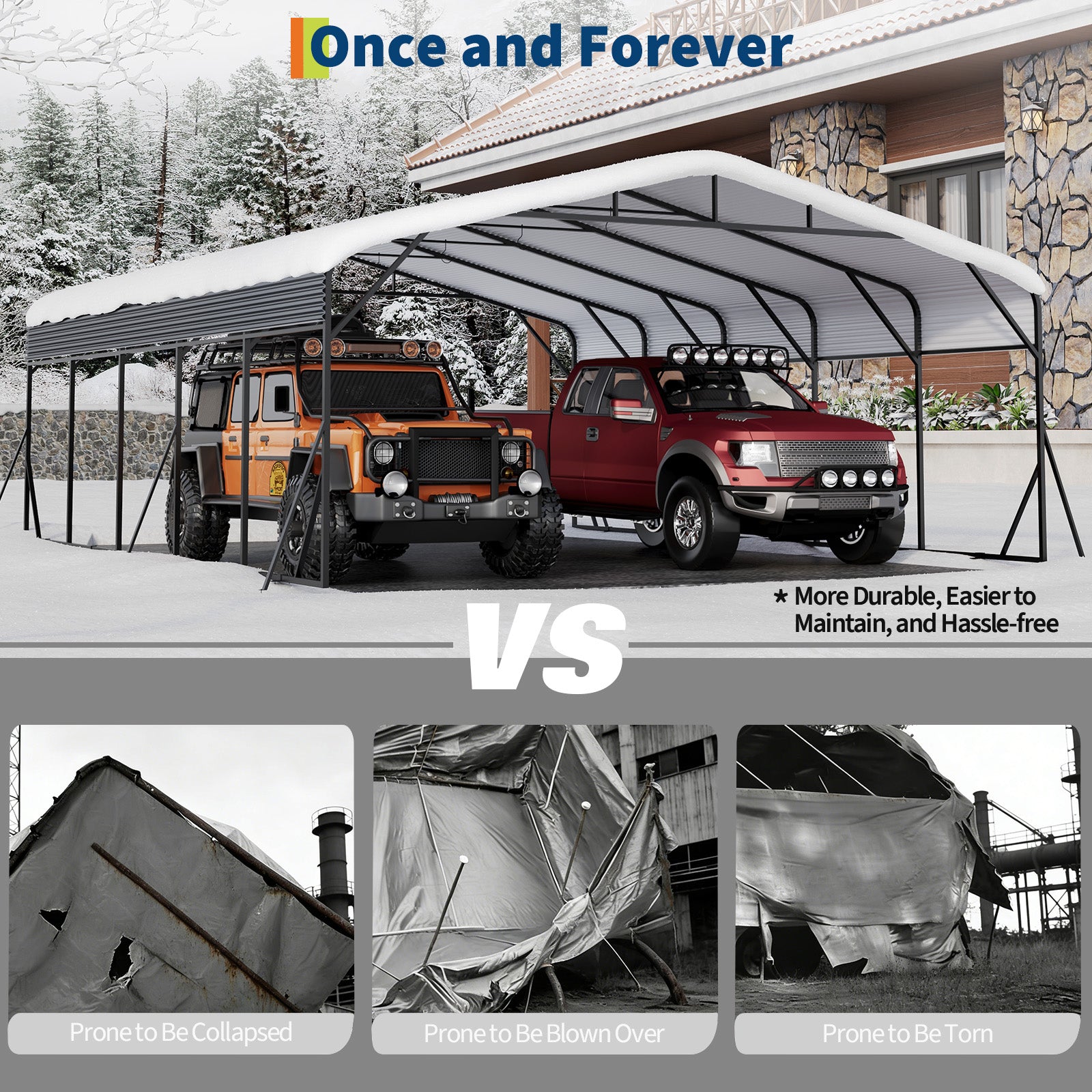 Garvee 20'×25' Heavy Duty Metal Carport, Galvanized Steel Roof Outdoor Car Shelter for SUV, Truck & Boat, Gray
