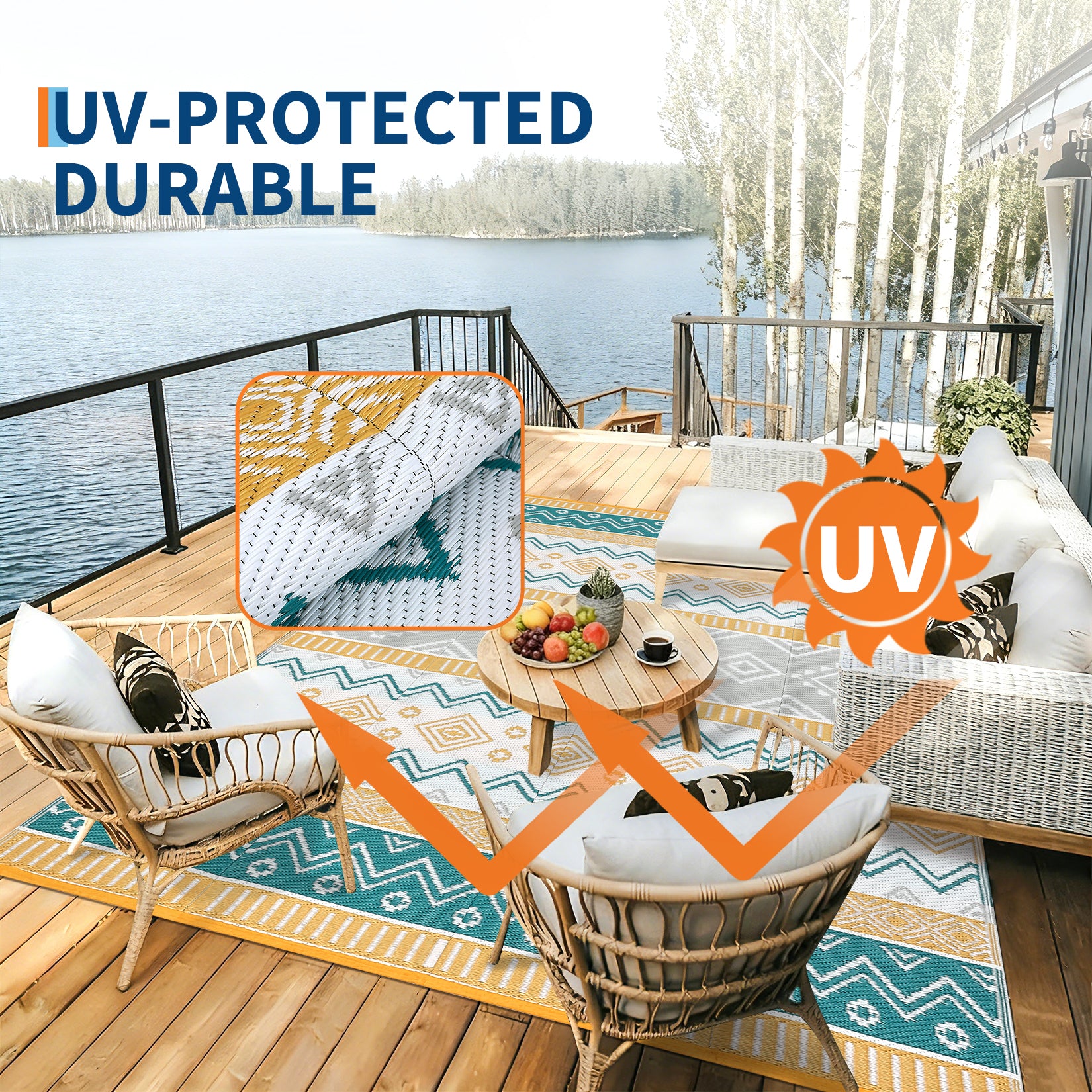 Garvee Outdoor Area Rug Waterproof Plastic Straw Rug, Boho Reversible RV Mat, Stain-Resistant Indoor Outdoor Carpet for Picnic, Deck, Balcony, Beach, Patio