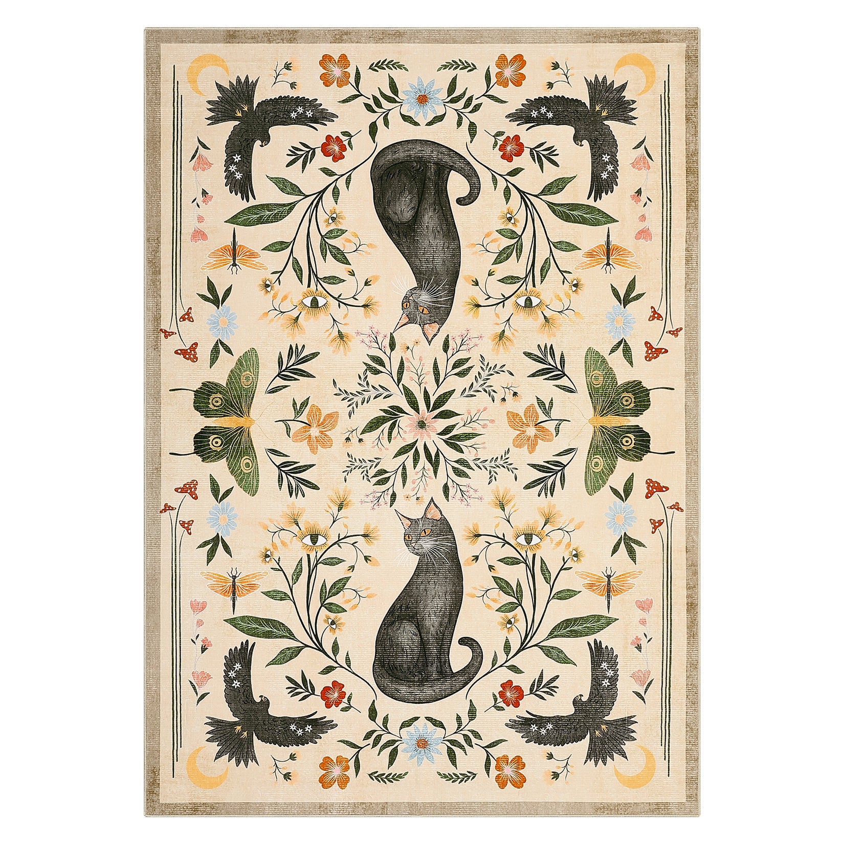 Garvee 9x12 Cat Floral Area Rug, Washable Non-Slip Low Pile Soft Vintage Botanical Animal Rug for Living Room Bedroom Nursery Playroom, Camel