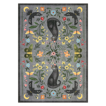 Washable Cat Floral Area Rug 9x12, Non Slip Soft Low Pile Indoor Rug, Cute Animal Floral Pattern, Easy Clean Durable Large Room Area Rug, Gray