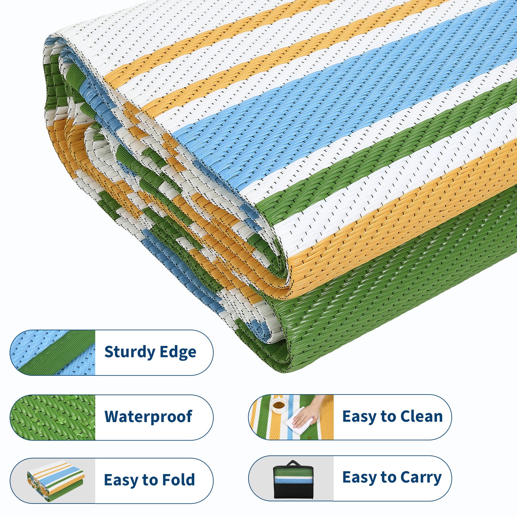 Garvee 9x18 Outdoor Rug Reversible Geometric Plastic Straw Rug UV Resistant Portable Camping Beach Porch RV Deck Yellow Blue Green White