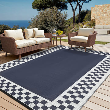Garvee Waterproof Reversible Outdoor Rug 8x10ft – Durable Modern Checkered Patio Carpet – Floor-Friendly, Weather-Resistant, For Backyard, Porch, Deck, Balcony, Camping, Dark Blue