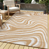 Garvee 9' x 18' Extra Large Light Brown Outdoor Rug, Waterproof UV Resistant Reversible Plastic Straw RV Awning Mat, Abstract Wave Design for Patio, Deck & Camping - Light Brown