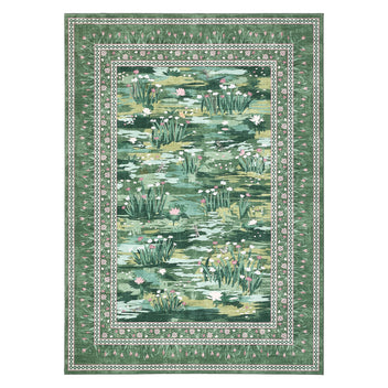 Garvee Green Floral Farmhouse Area Rug 4x6 Washable Non Slip Low Pile, Vintage Botanical Nature Carpet for Living Room Bedroom Dining Room