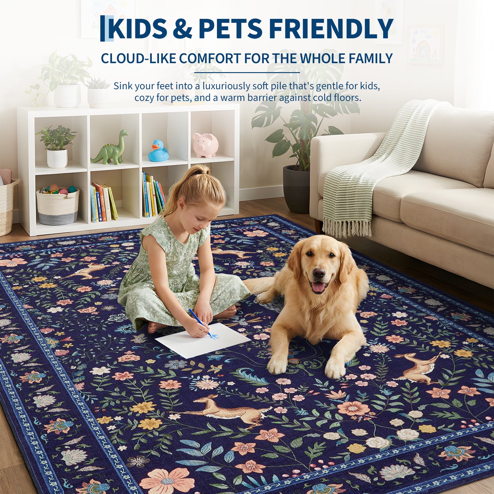 Garvee Floral Runner Rug 2x6 Washable Peacock Print Soft Non-Slip Low Pile Blue Accent Carpet for Entryway Bedside Kitchen Nursery