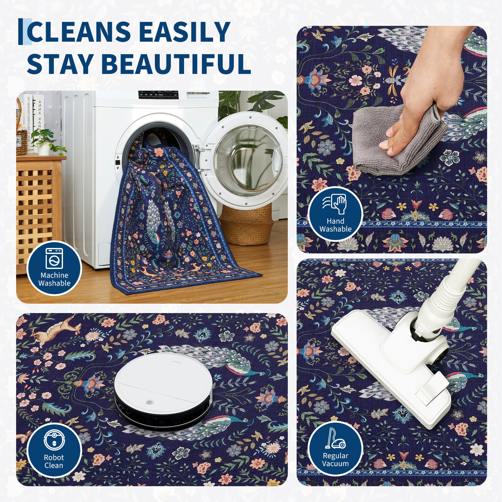 Garvee Floral Runner Rug 2x6 Washable Peacock Print Soft Non-Slip Low Pile Blue Accent Carpet for Entryway Bedside Kitchen Nursery