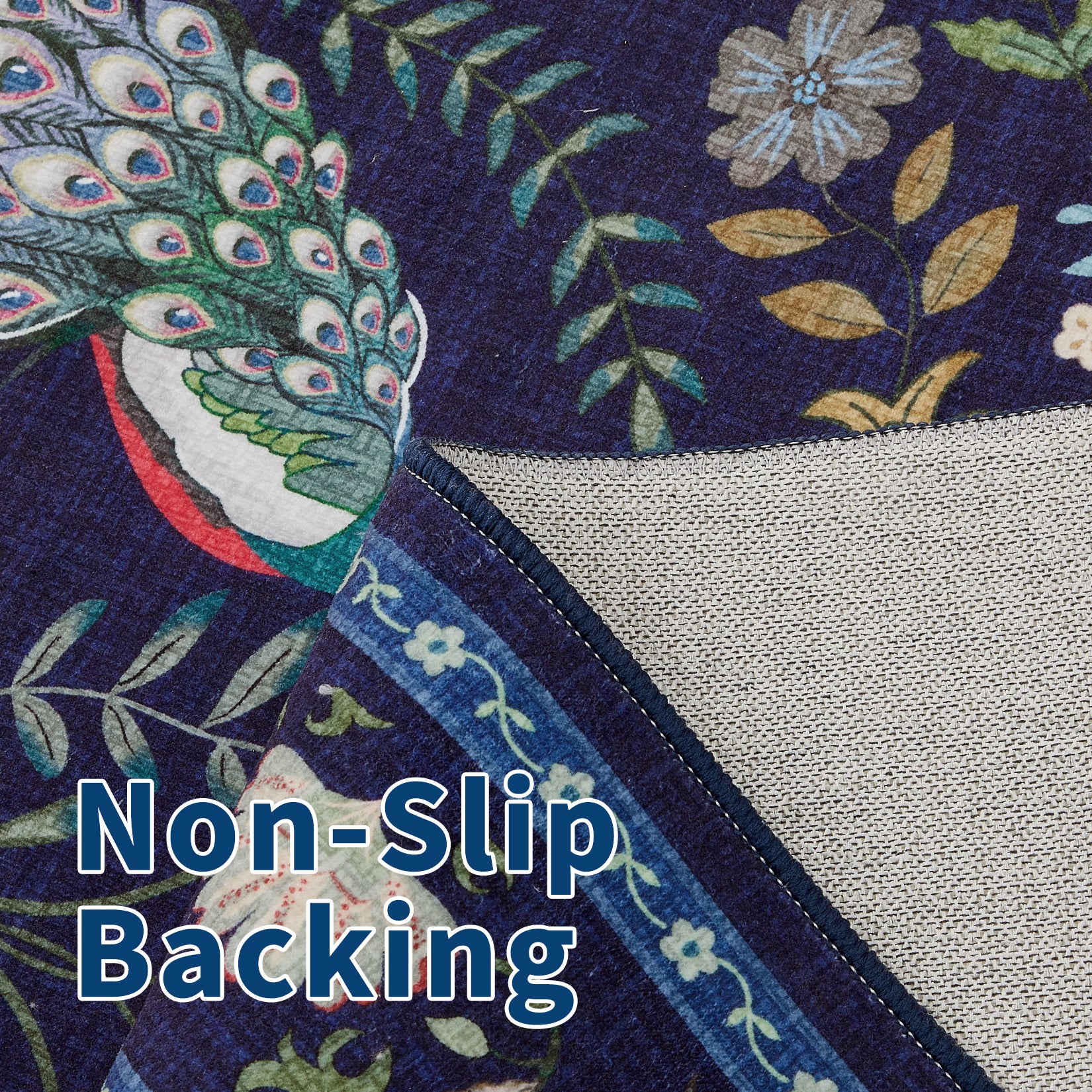 Garvee Floral Runner Rug 2x6 Washable Peacock Print Soft Non-Slip Low Pile Blue Accent Carpet for Entryway Bedside Kitchen Nursery