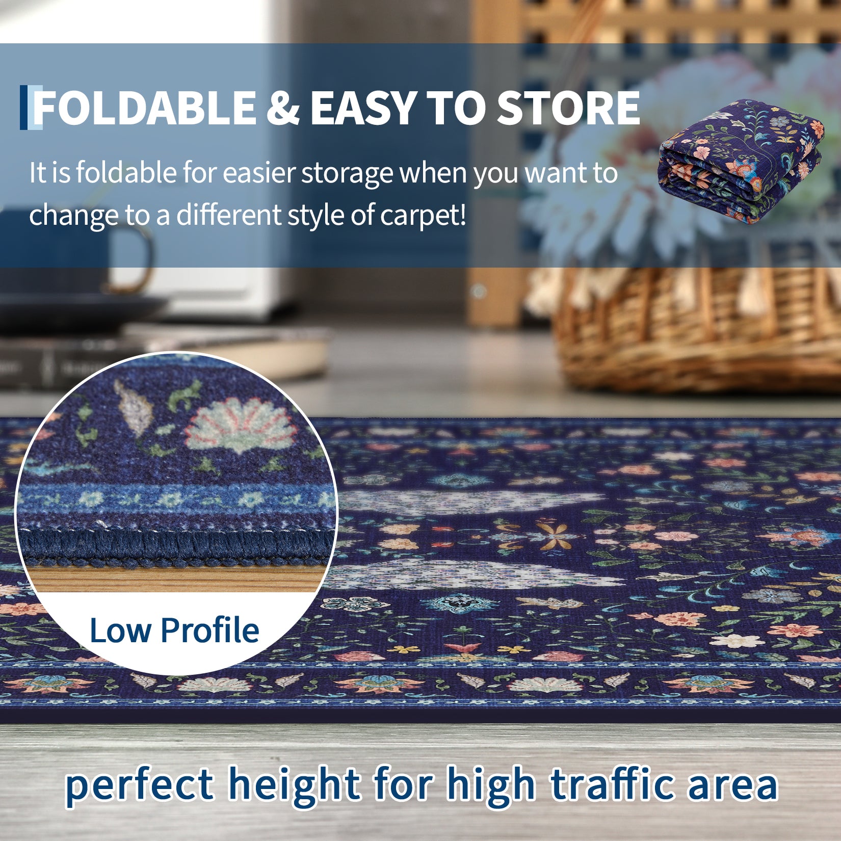 Garvee Floral Runner Rug 2x6 Washable Peacock Print Soft Non-Slip Low Pile Blue Accent Carpet for Entryway Bedside Kitchen Nursery