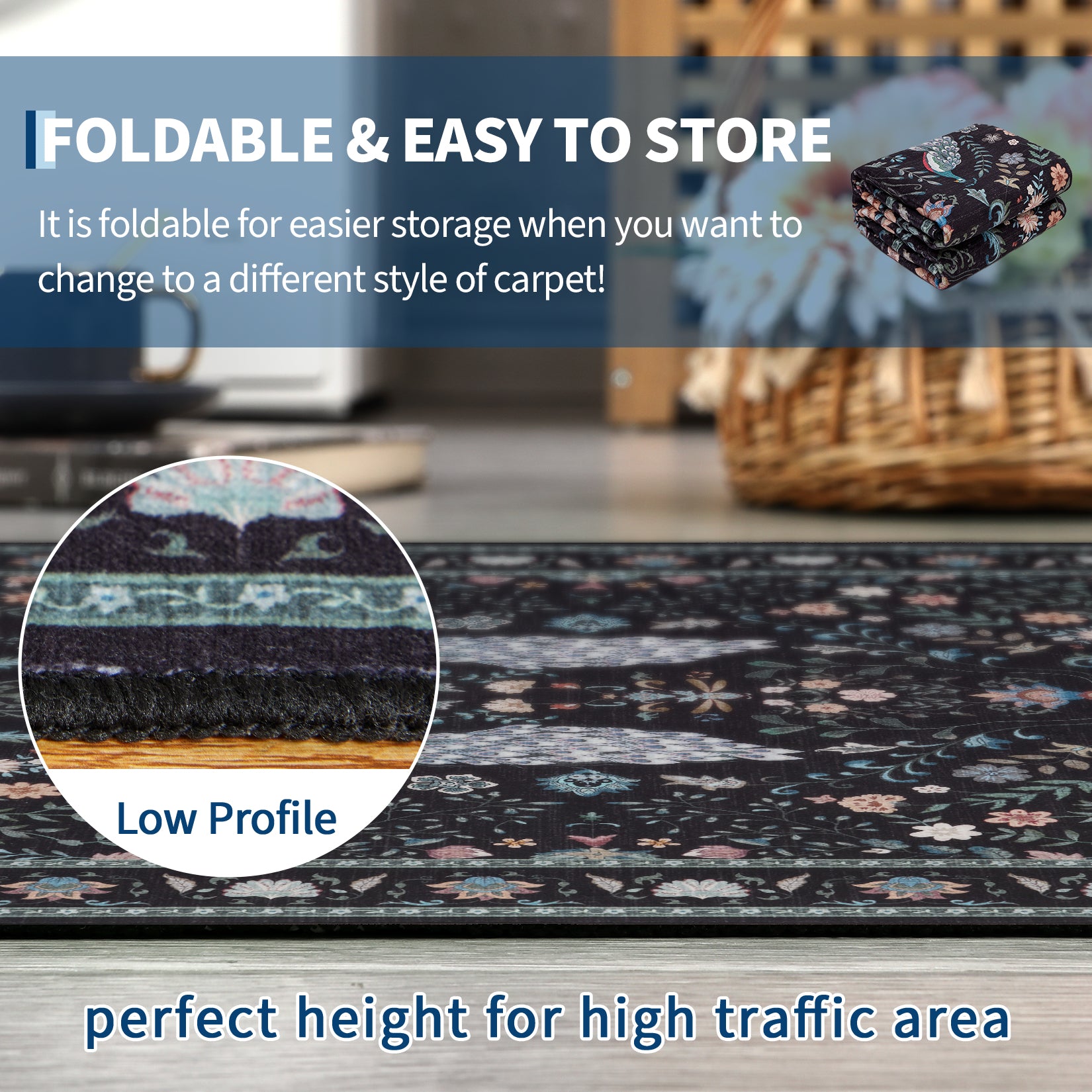 Garvee Extra Large Area Rug 10x13 Washable Non Slip Floral Peacock Printed Rug Indoor Soft Floor Cover Black