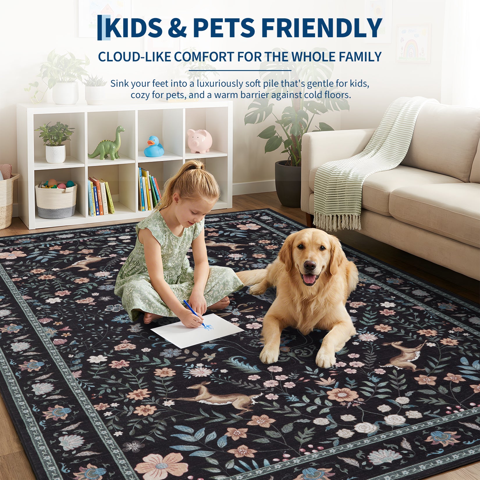 Garvee Extra Large Area Rug 10x13 Washable Non Slip Floral Peacock Printed Rug Indoor Soft Floor Cover Black