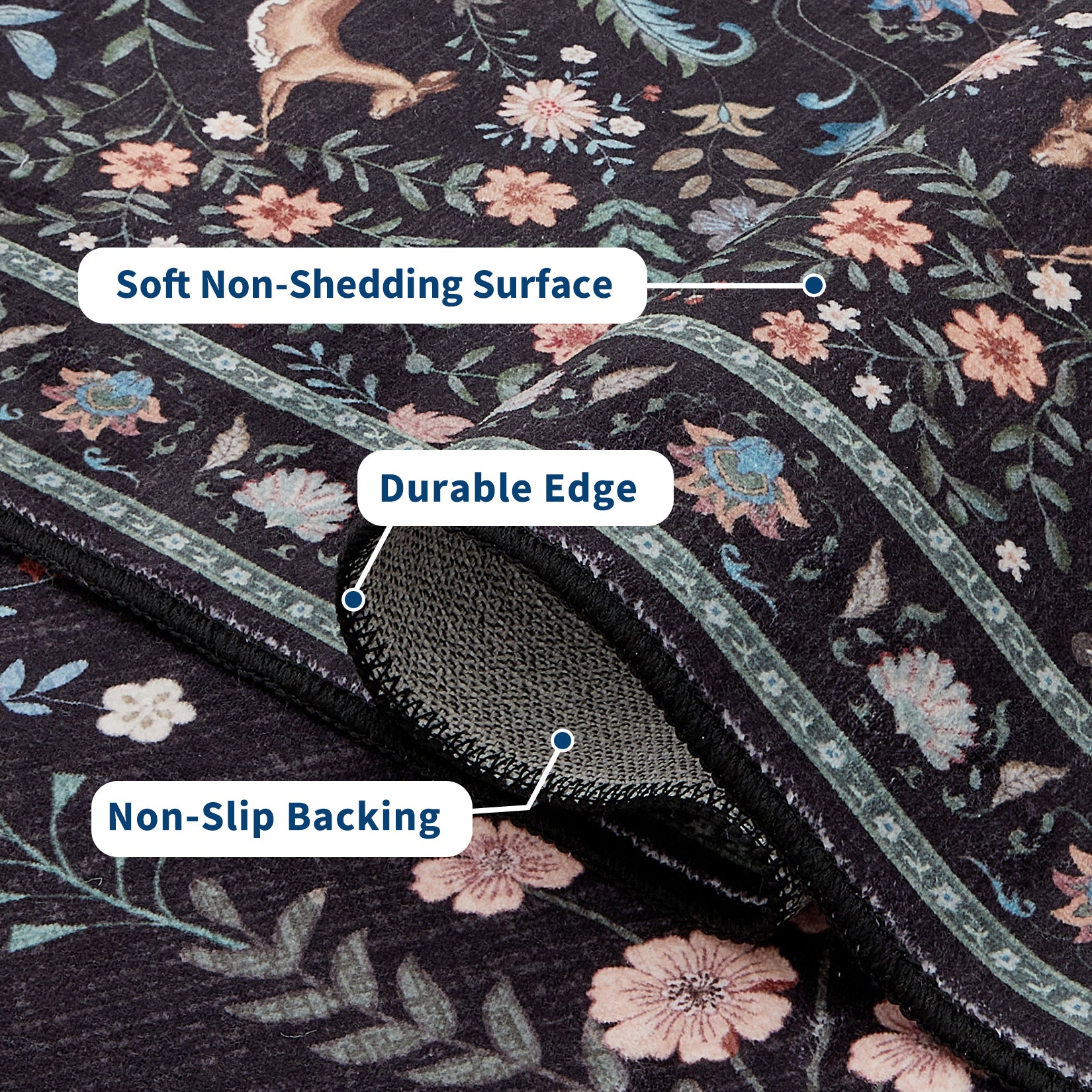 Garvee Extra Large Area Rug 10x13 Washable Non Slip Floral Peacock Printed Rug Indoor Soft Floor Cover Black