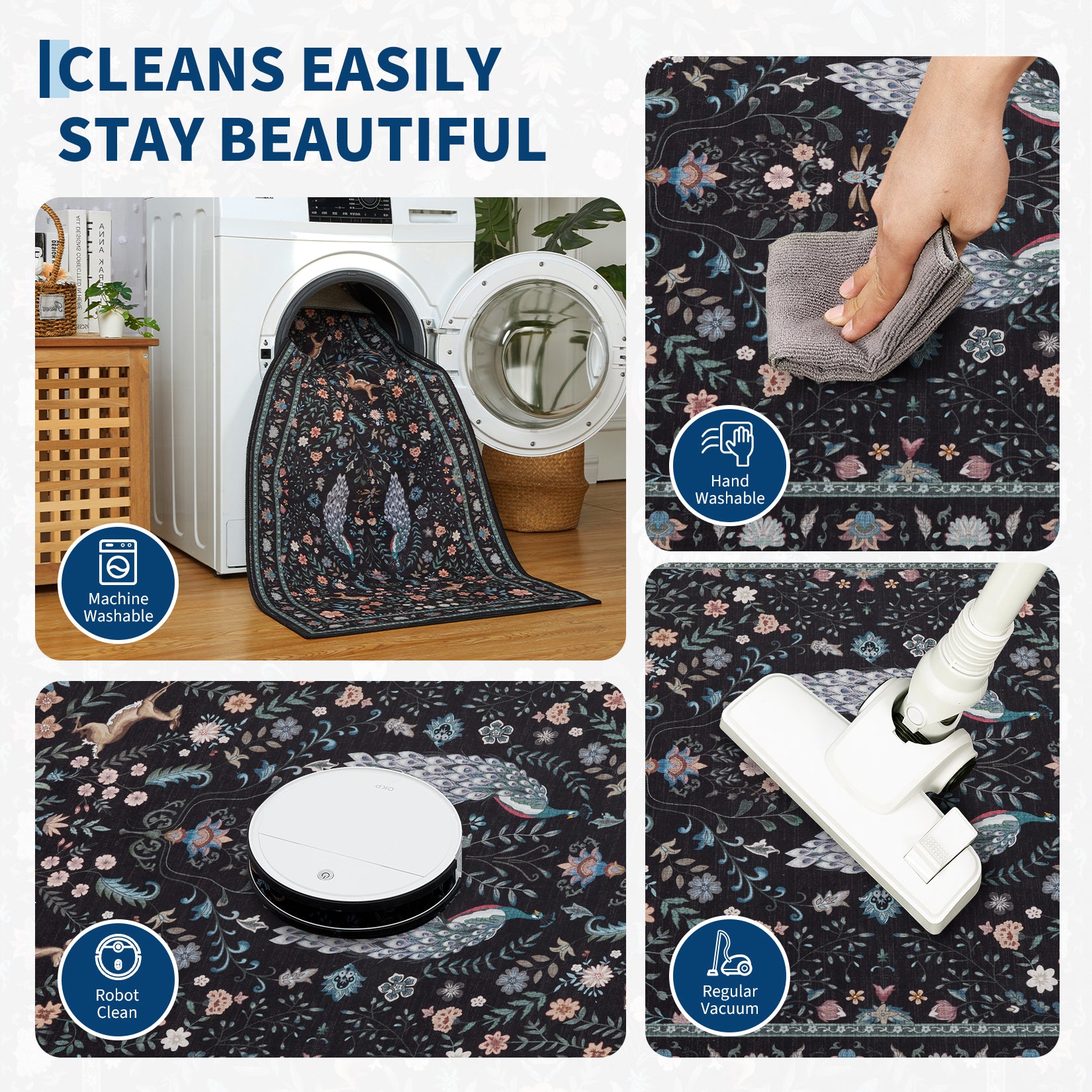 Garvee Extra Large Area Rug 10x13 Washable Non Slip Floral Peacock Printed Rug Indoor Soft Floor Cover Black