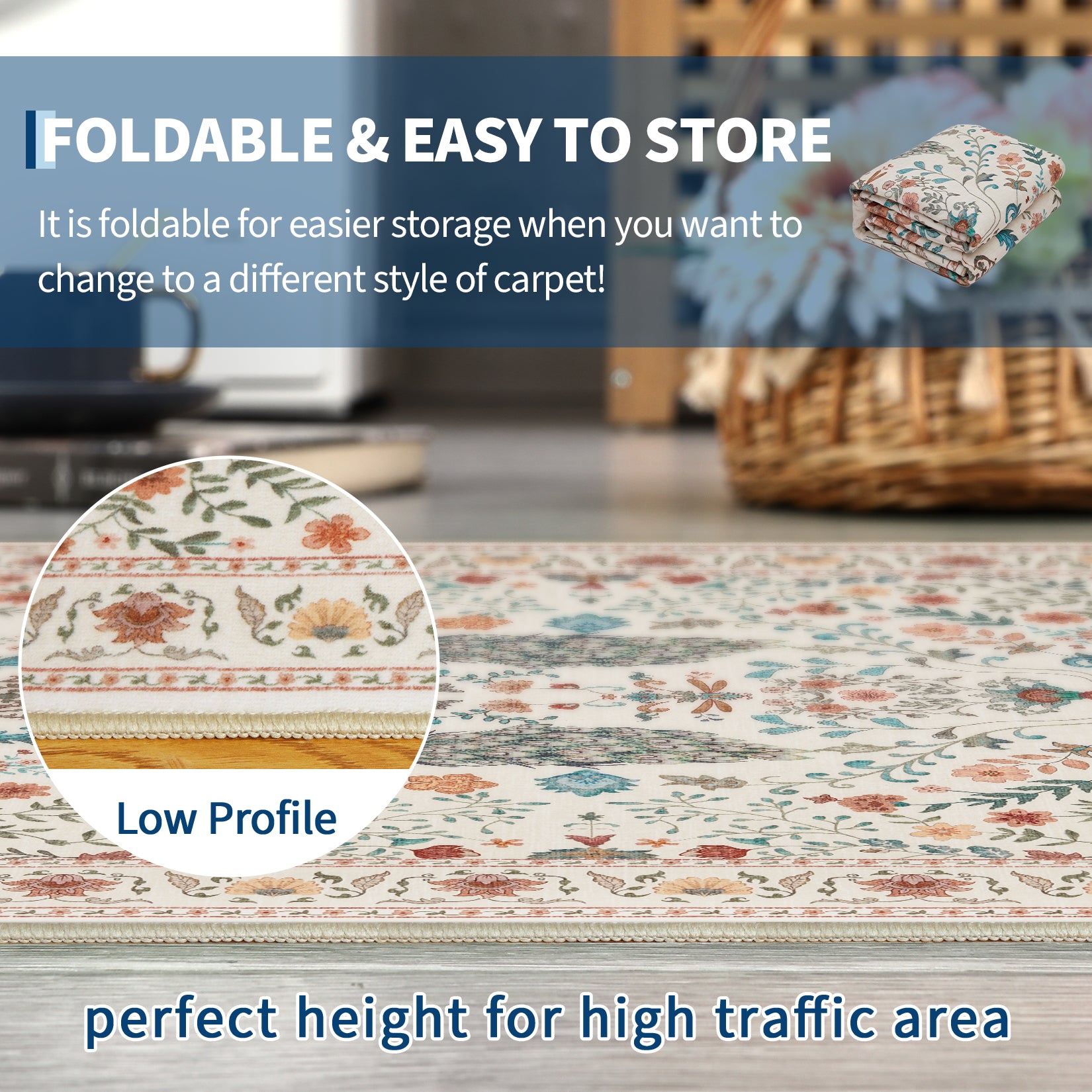Garvee Floral Runner Rug 2x6 Washable Peacock Print Soft Non-Slip Low Pile Thin Carpet Beige for Hallway Kitchen Nursery