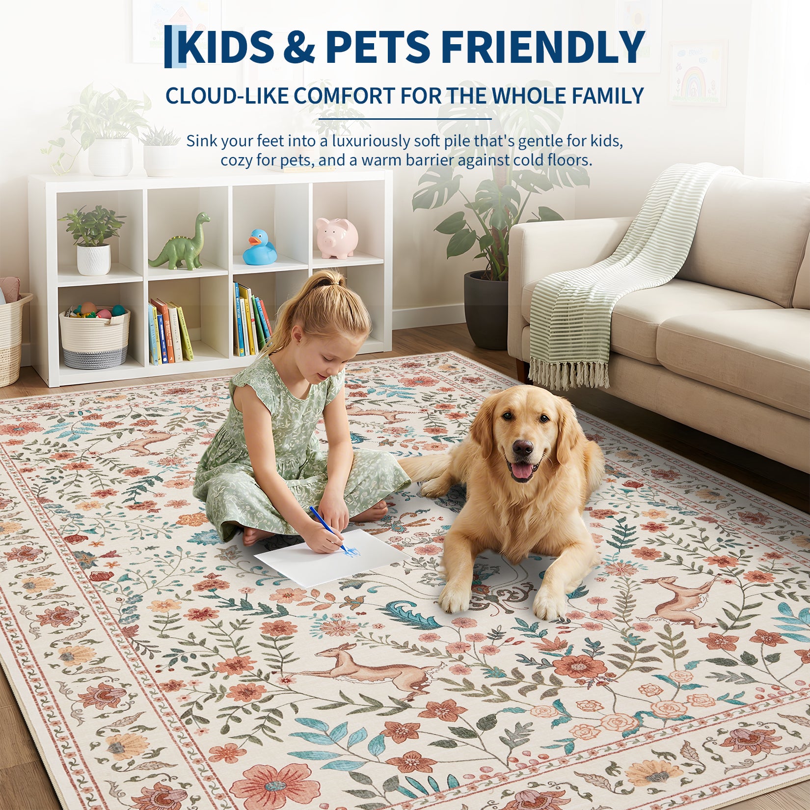 Garvee Floral Runner Rug 2x6 Washable Peacock Print Soft Non-Slip Low Pile Thin Carpet Beige for Hallway Kitchen Nursery
