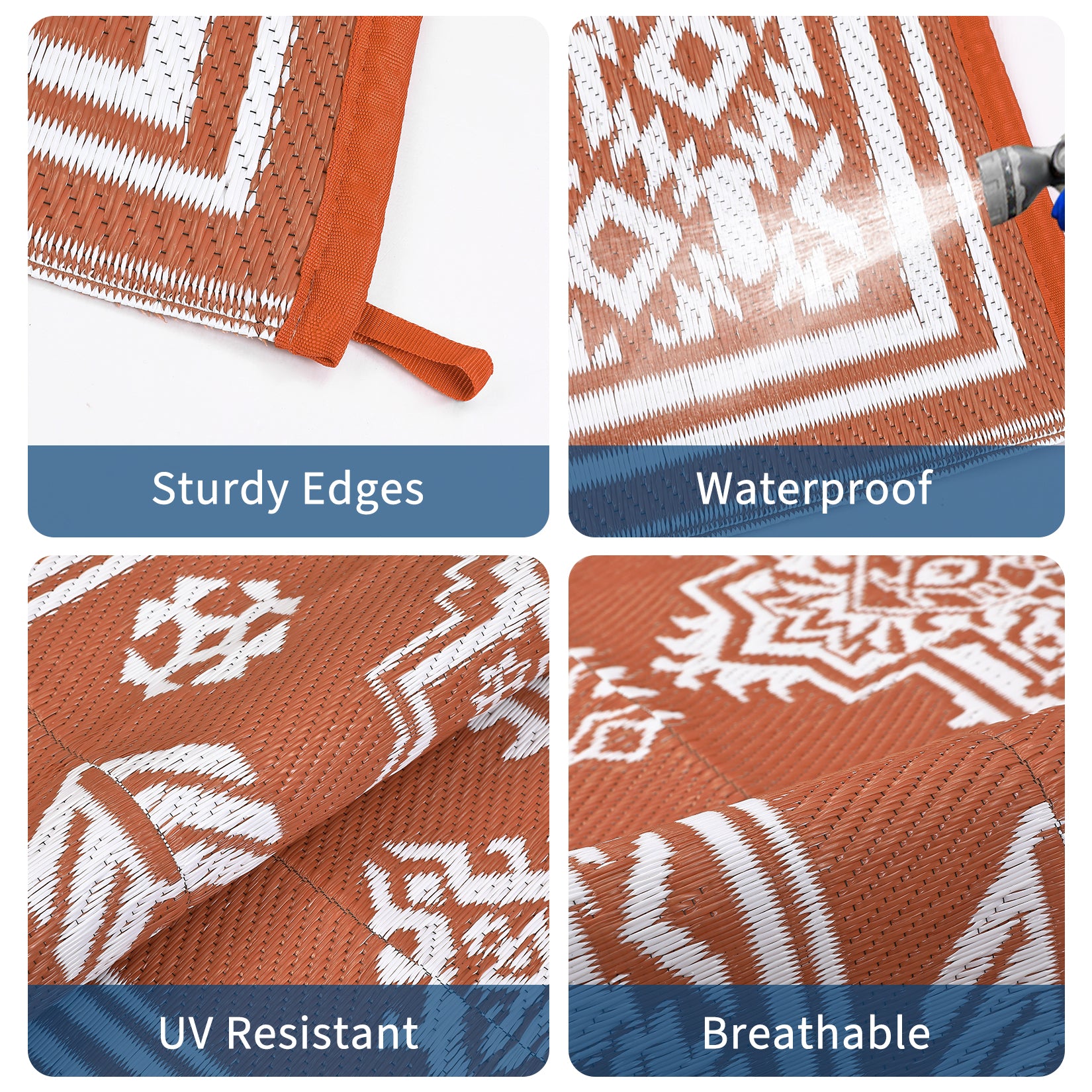 Garvee Waterproof Outdoor Rug 8x10 Reversible Plastic Straw Patio Rug Stain-Resistant Vintage Medallion Carpet Foldable Indoor Outdoor Rugs for Picnic, Backyard, Rv, Beach, Deck, Camper, Balcony, Terracotta