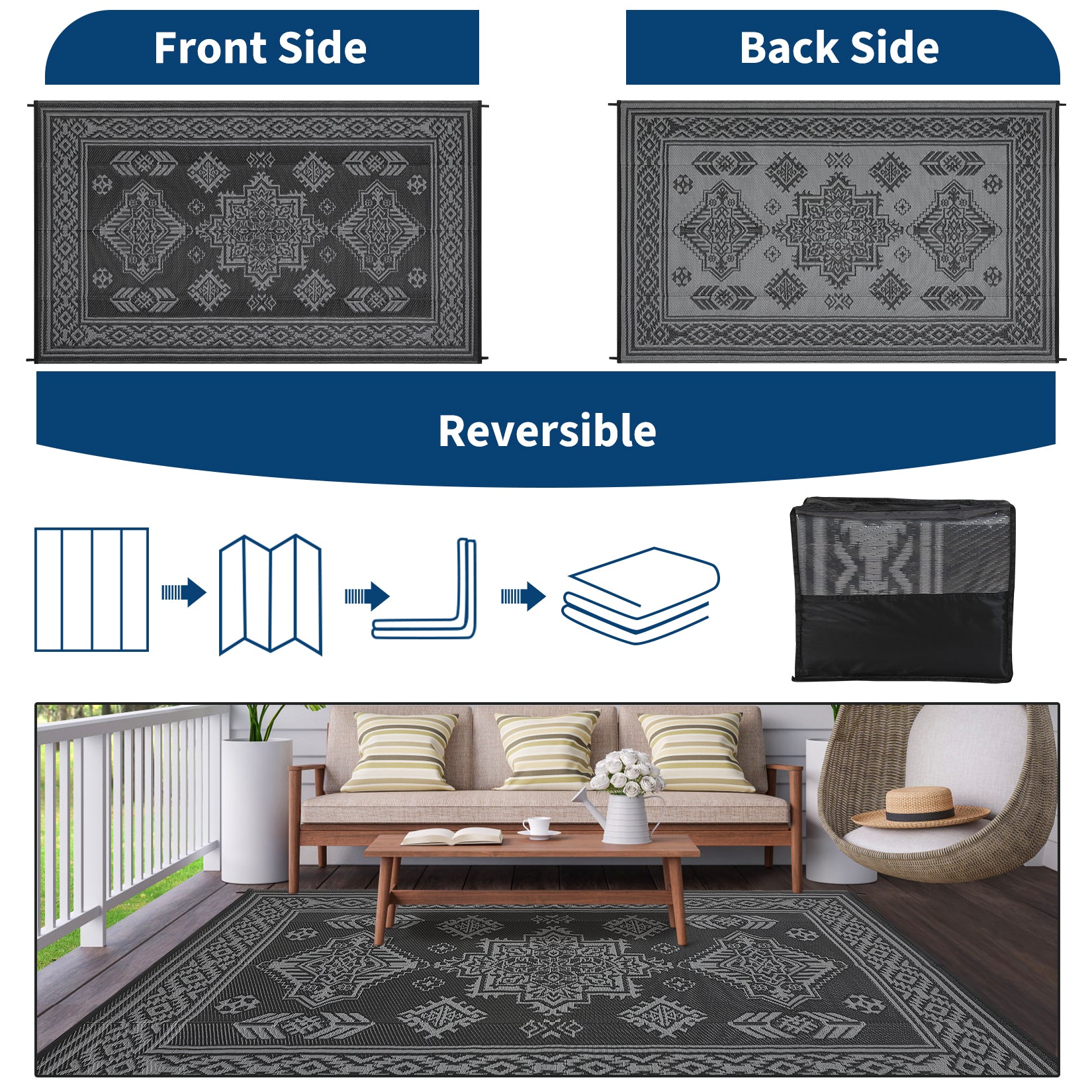 Garvee Waterproof Outdoor Rug 8x10 Reversible Plastic Straw Patio Rug Stain-Resistant Vintage Medallion Carpet Foldable Indoor Outdoor Rugs for Picnic, Backyard, Rv, Beach, Deck, Camper, Balcony, Black