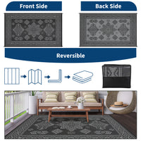 Garvee Waterproof Outdoor Rug 8x10 Reversible Plastic Straw Patio Rug Stain-Resistant Vintage Medallion Carpet Foldable Indoor Outdoor Rugs for Picnic, Backyard, Rv, Beach, Deck, Camper, Balcony, Black