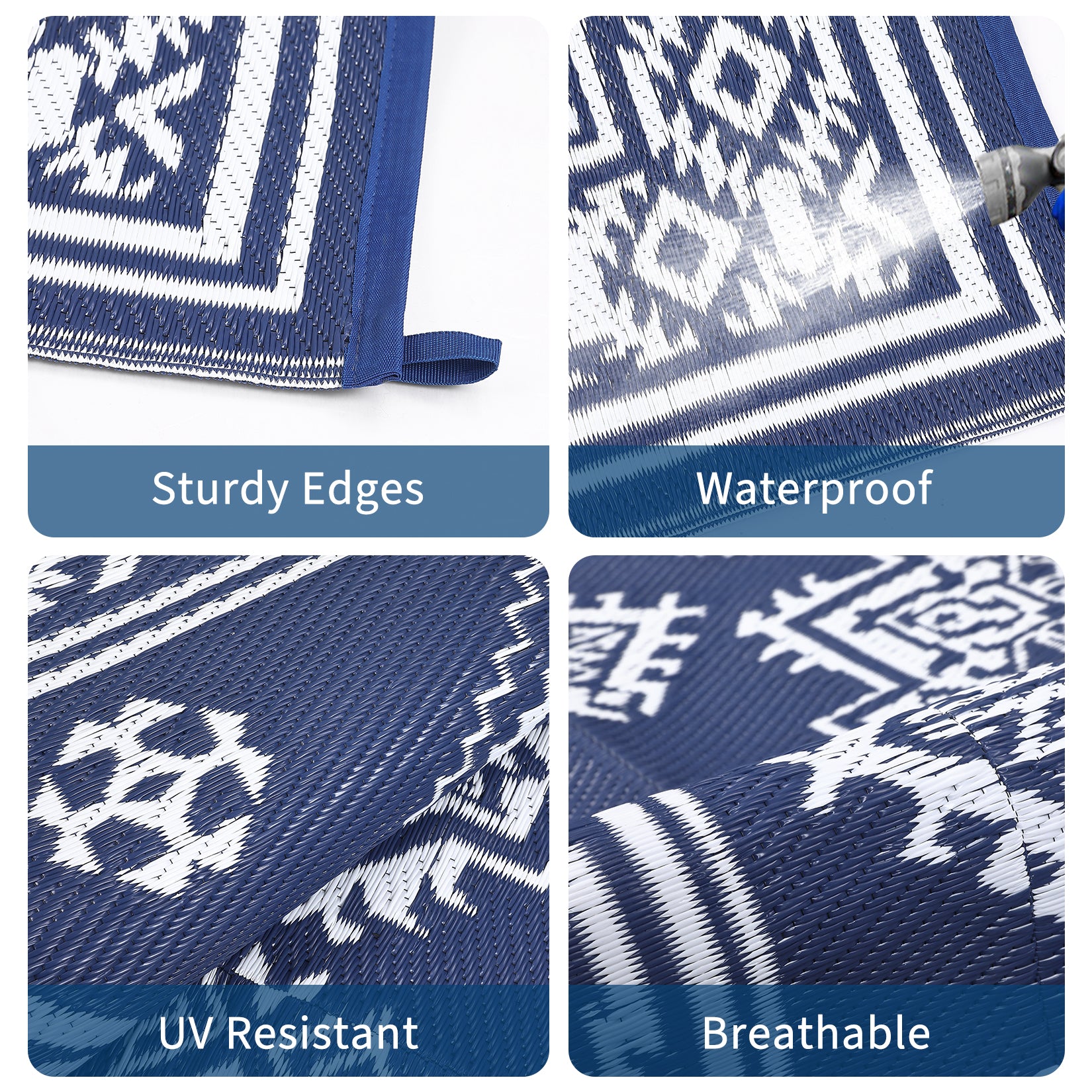 Garvee 9x18 Vintage Outdoor Rugs Waterproof Patio Rugs Indoor Outdoor Medallion Reversible Mat Foldable Lightweight Plastic Straw Carpet for Deck, Picnic, Porch, Camper, Balcony, Beach, Navy