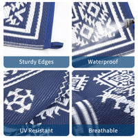 Garvee 9x18 Vintage Outdoor Rugs Waterproof Patio Rugs Indoor Outdoor Medallion Reversible Mat Foldable Lightweight Plastic Straw Carpet for Deck, Picnic, Porch, Camper, Balcony, Beach, Navy