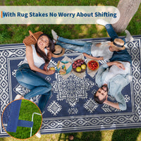 Garvee 9x18 Vintage Outdoor Rugs Waterproof Patio Rugs Indoor Outdoor Medallion Reversible Mat Foldable Lightweight Plastic Straw Carpet for Deck, Picnic, Porch, Camper, Balcony, Beach, Navy