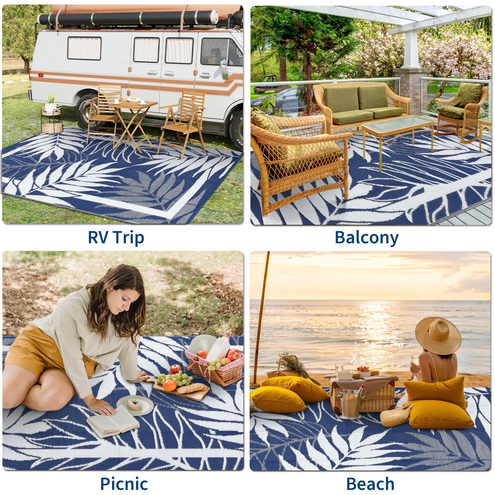 Garvee Reversible Outdoor Patio Rug – Waterproof Plastic Mat, Modern Design, UV & Weather Resistant – Easy Clean, Non-Slip – Garden, Backyard, Porch, Deck – Navy Blue/White, 8x10ft