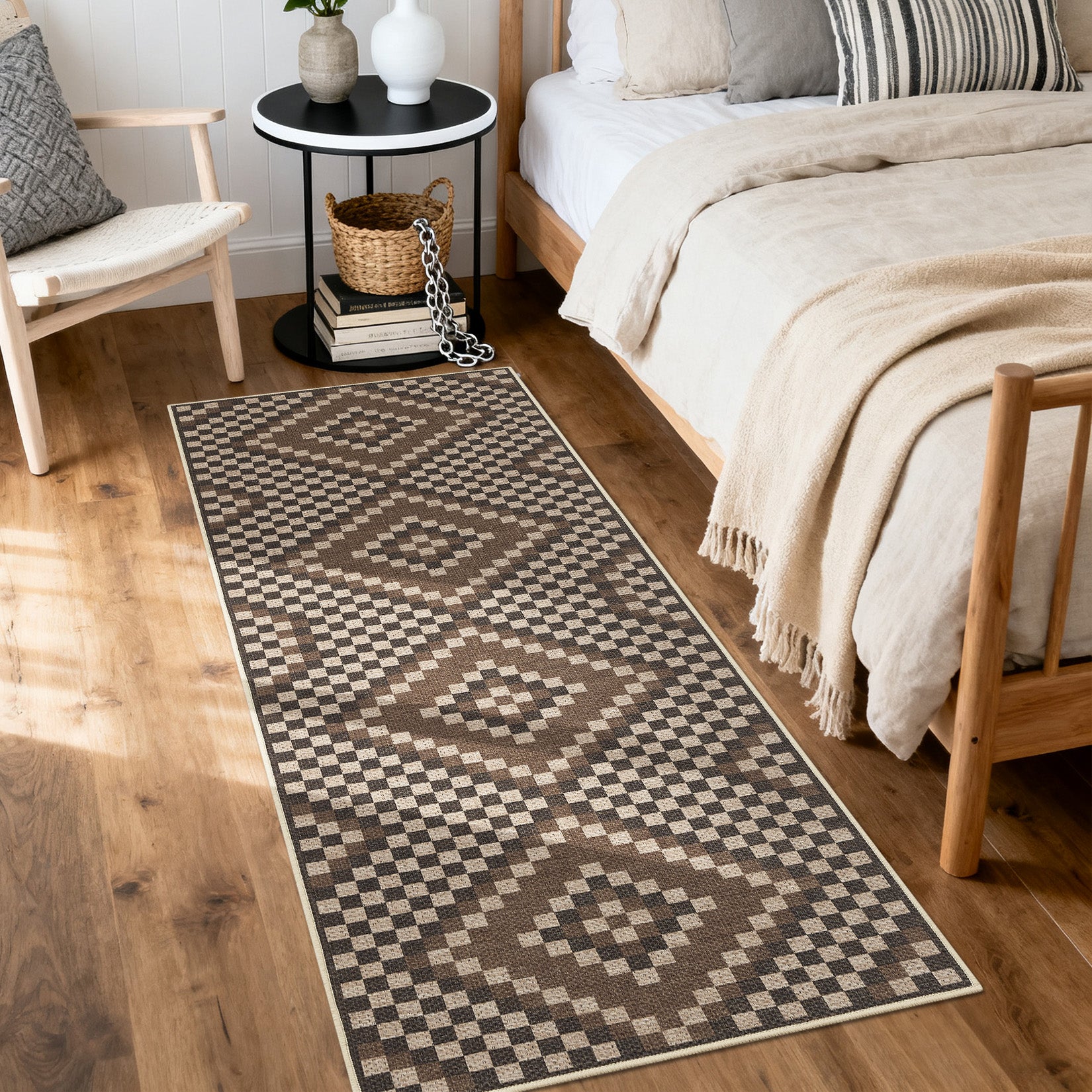 Garvee 2' x 6' Geometric Runner Rug, Washable Easy Jute-Style Linen-Look Non-Slip Indoor Outdoor Rug for Hallway & Kitchen, Brown