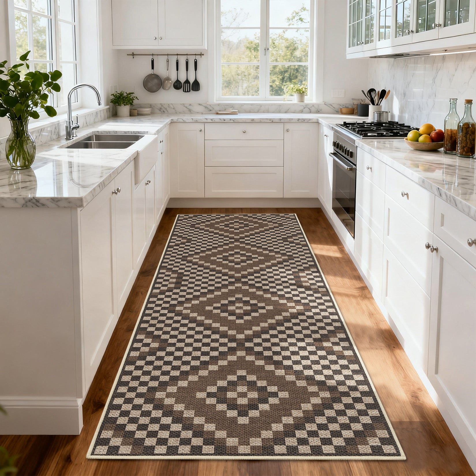 Garvee 2' x 6' Geometric Runner Rug, Washable Easy Jute-Style Linen-Look Non-Slip Indoor Outdoor Rug for Hallway & Kitchen, Brown