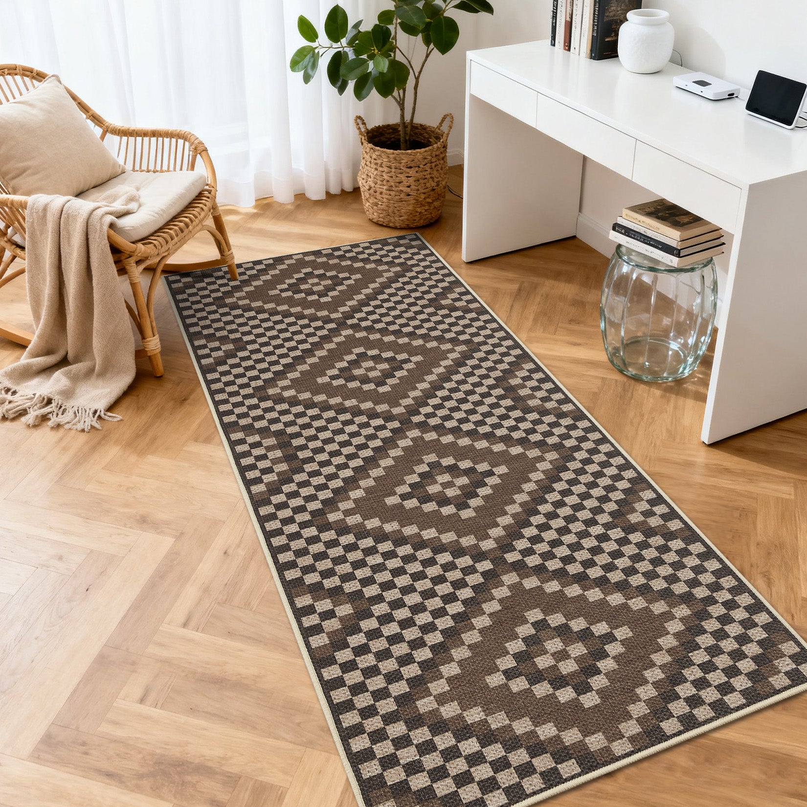 Garvee 2' x 6' Geometric Runner Rug, Washable Easy Jute-Style Linen-Look Non-Slip Indoor Outdoor Rug for Hallway & Kitchen, Brown