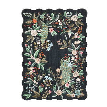 Garvee Scalloped Washable 8x10 Area Rug Floral Peacock Rugs for Living Room Bedroom Soft Non Slip Large Under Table Carpet Black