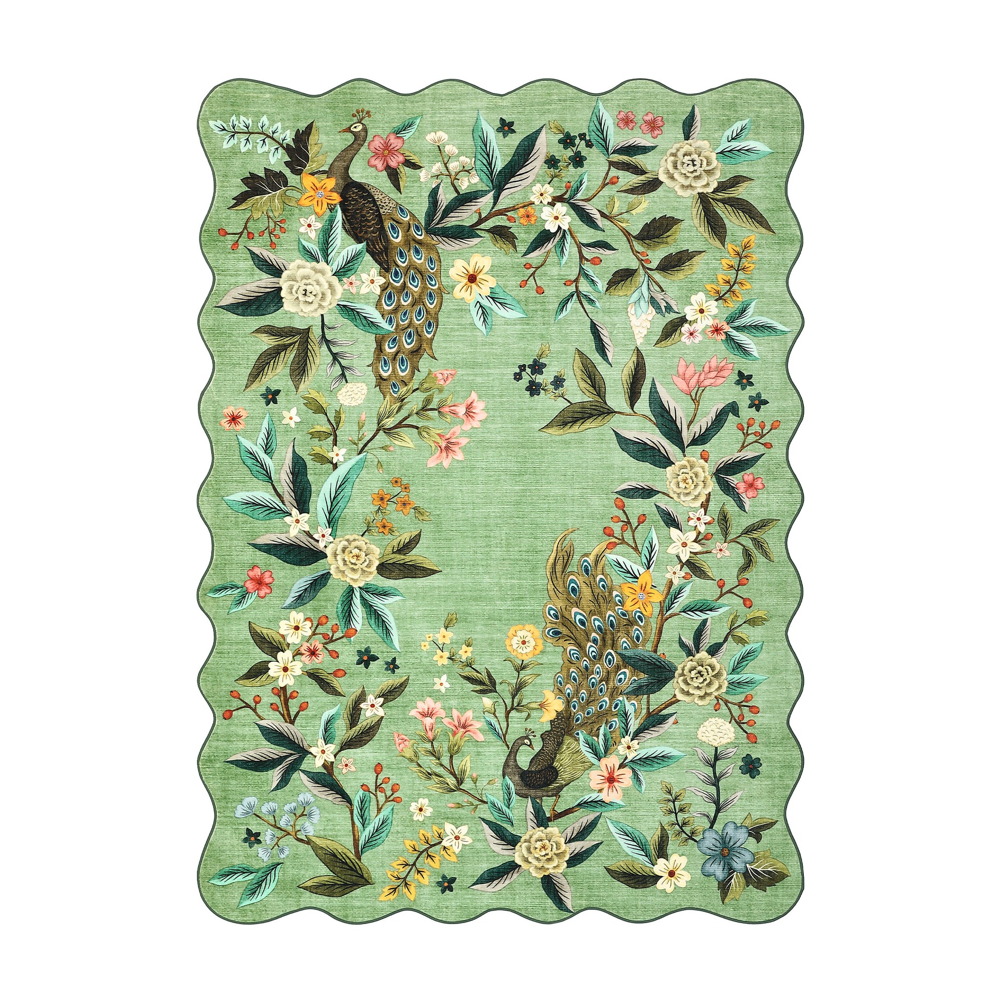 Garvee Scalloped Green Area Rug 8x10 - Floral Peacock Design, Washable & Non-Slip, Ultra Thin Soft Fabric, Stain Resistant, Large Farmhouse Style for Living Room Nursery