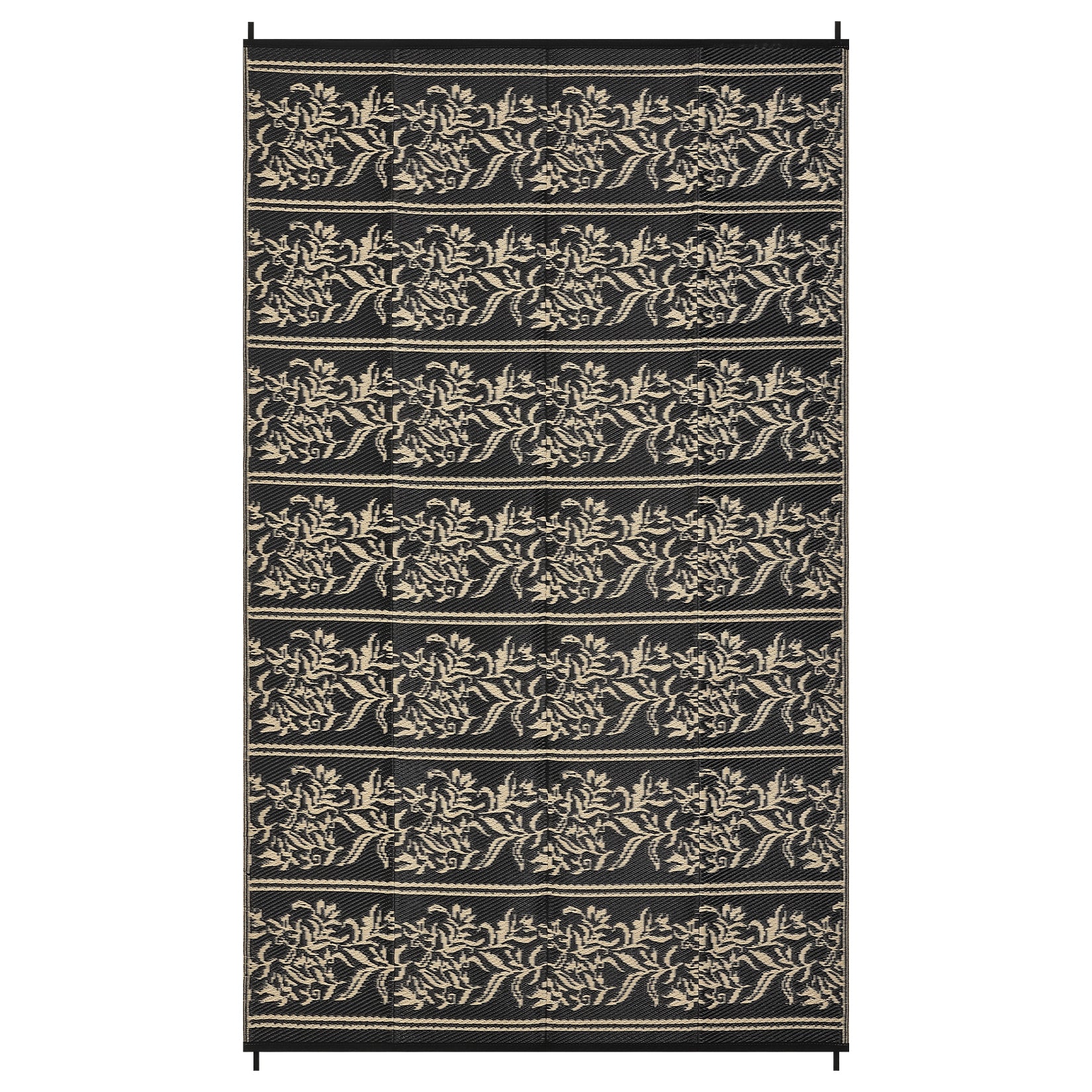 Garvee Waterproof Reversible Outdoor Rug - Boho Leaf Design - Large, UV & Mark Resistant, Washable Plastic Patio Mat with 4 Stakes & Storage Bag for RV, Camping, Deck, Balcony, Backyard, 9x18ft, Black Coffee