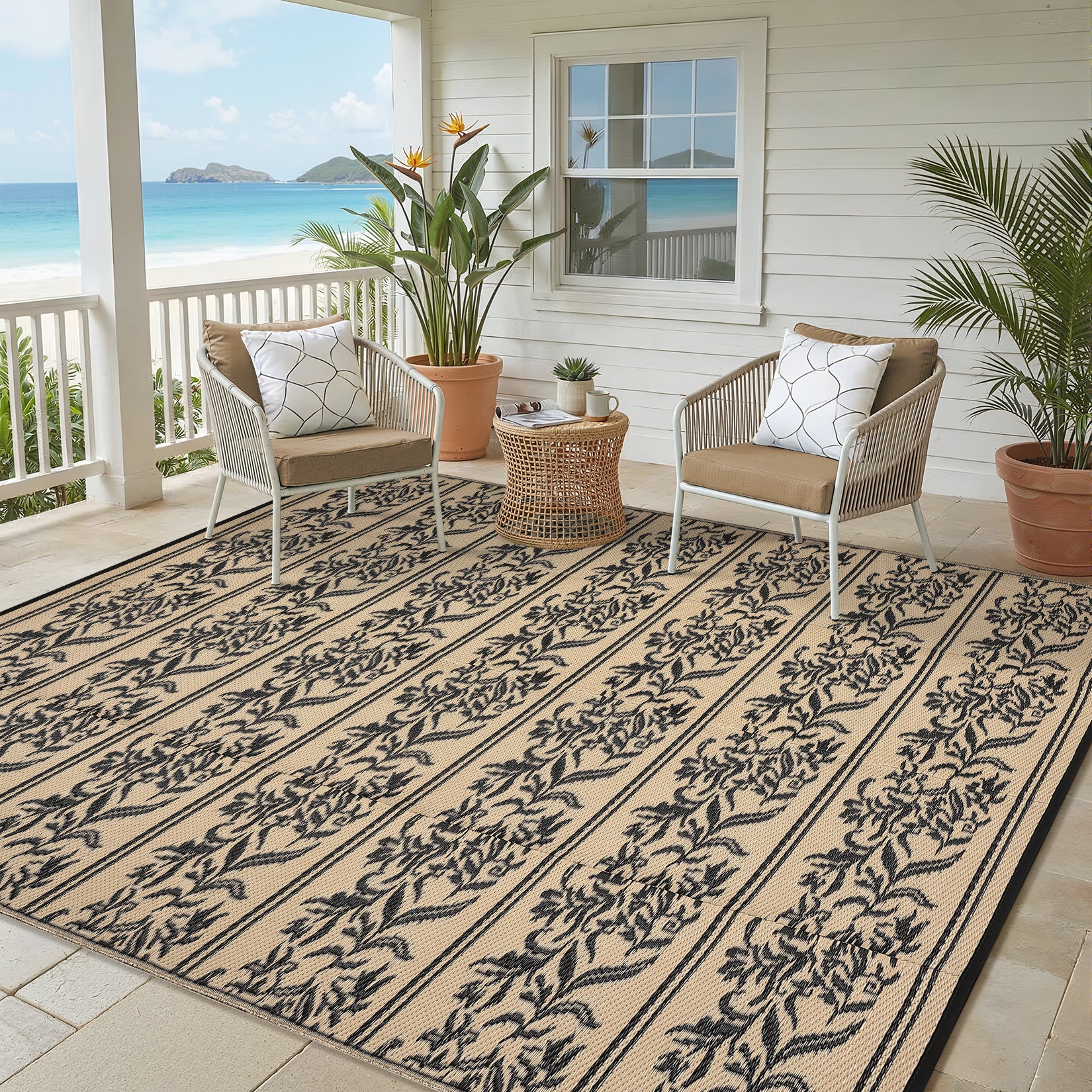 Garvee Waterproof Reversible Outdoor Rug - Boho Leaf Design - Large, UV & Mark Resistant, Washable Plastic Patio Mat with 4 Stakes & Storage Bag for RV, Camping, Deck, Balcony, Backyard, 9x18ft, Black Coffee
