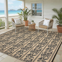 Garvee Waterproof Reversible Outdoor Rug - Boho Leaf Design - Large, UV & Mark Resistant, Washable Plastic Patio Mat with 4 Stakes & Storage Bag for RV, Camping, Deck, Balcony, Backyard, 9x18ft, Black Coffee