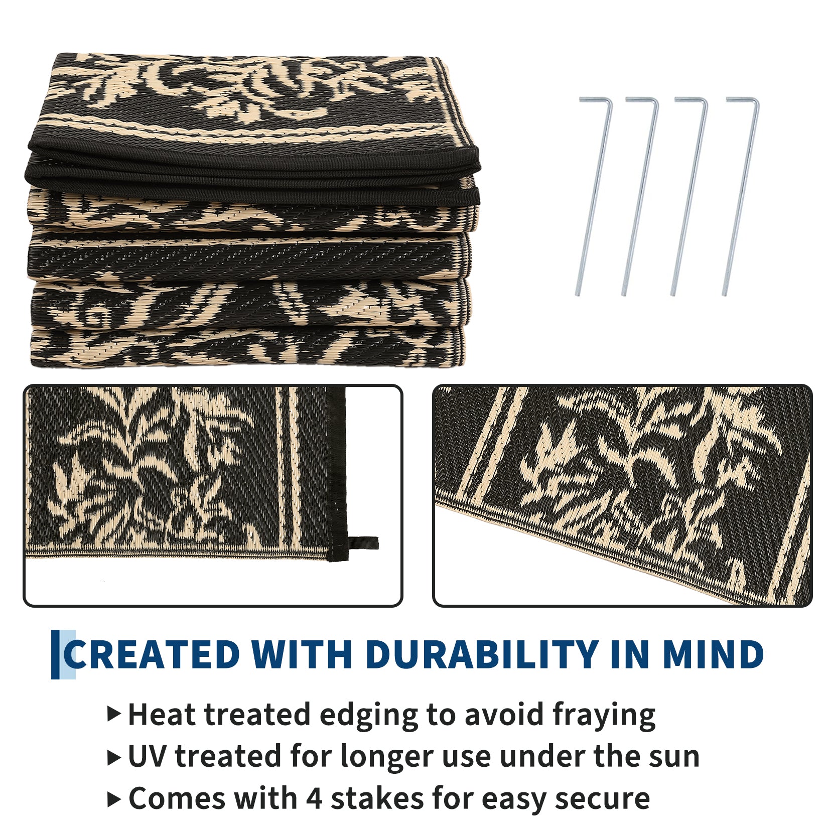 Garvee Waterproof Reversible Outdoor Rug - Boho Leaf Design - Large, UV & Mark Resistant, Washable Plastic Patio Mat with 4 Stakes & Storage Bag for RV, Camping, Deck, Balcony, Backyard, 9x18ft, Black Coffee