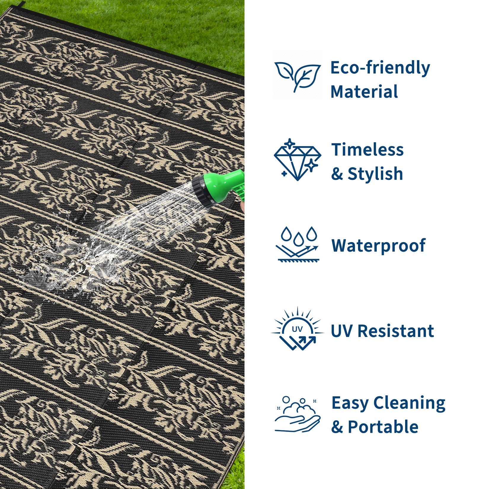 Garvee Waterproof Reversible Outdoor Rug - Boho Leaf Design - Large, UV & Mark Resistant, Washable Plastic Patio Mat with 4 Stakes & Storage Bag for RV, Camping, Deck, Balcony, Backyard, 9x18ft, Black Coffee