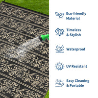 Garvee Waterproof Reversible Outdoor Rug - Boho Leaf Design - Large, UV & Mark Resistant, Washable Plastic Patio Mat with 4 Stakes & Storage Bag for RV, Camping, Deck, Balcony, Backyard, 9x18ft, Black Coffee