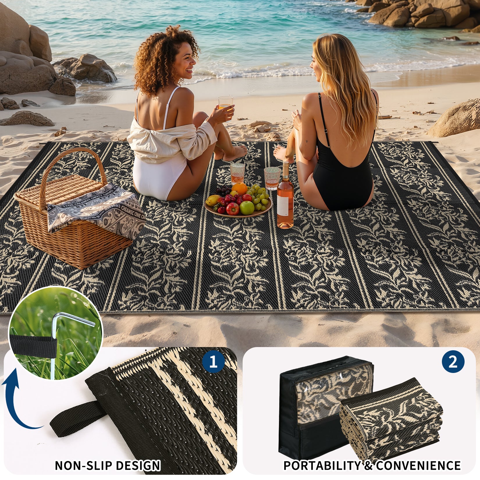 Garvee Waterproof Reversible Outdoor Rug - Boho Leaf Design - Large, UV & Mark Resistant, Washable Plastic Patio Mat with 4 Stakes & Storage Bag for RV, Camping, Deck, Balcony, Backyard, 9x18ft, Black Coffee