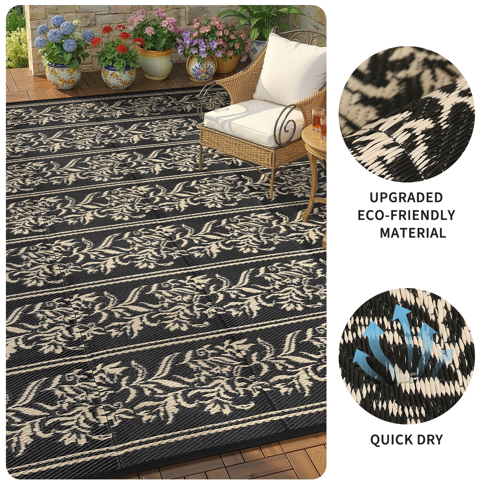 Garvee Waterproof Reversible Outdoor Rug - Boho Leaf Design - Large, UV & Mark Resistant, Washable Plastic Patio Mat with 4 Stakes & Storage Bag for RV, Camping, Deck, Balcony, Backyard, 9x18ft, Black Coffee