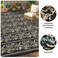 Garvee Waterproof Reversible Outdoor Rug - Boho Leaf Design - Large, UV & Mark Resistant, Washable Plastic Patio Mat with 4 Stakes & Storage Bag for RV, Camping, Deck, Balcony, Backyard, 9x18ft, Black Coffee