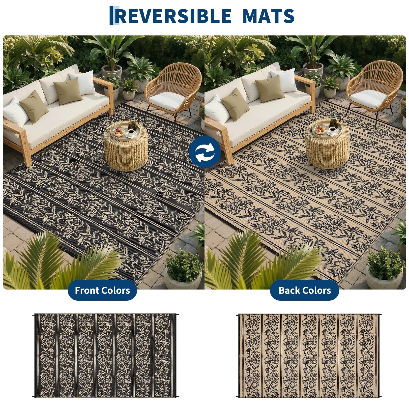 Garvee Waterproof Reversible Outdoor Rug - Boho Leaf Design - Large, UV & Mark Resistant, Washable Plastic Patio Mat with 4 Stakes & Storage Bag for RV, Camping, Deck, Balcony, Backyard, 9x18ft, Black Coffee